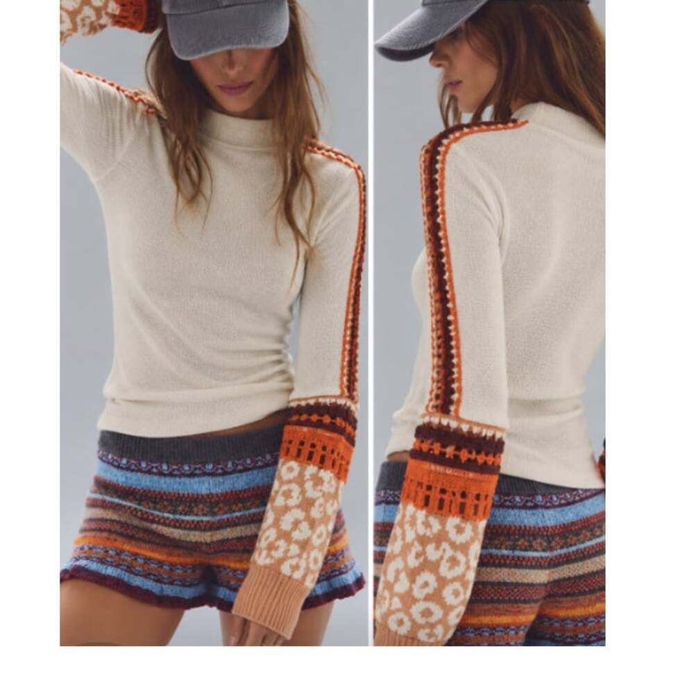 Free People Switch It Up Cuff Thermal Top Cream Orange Leopard Small EUC